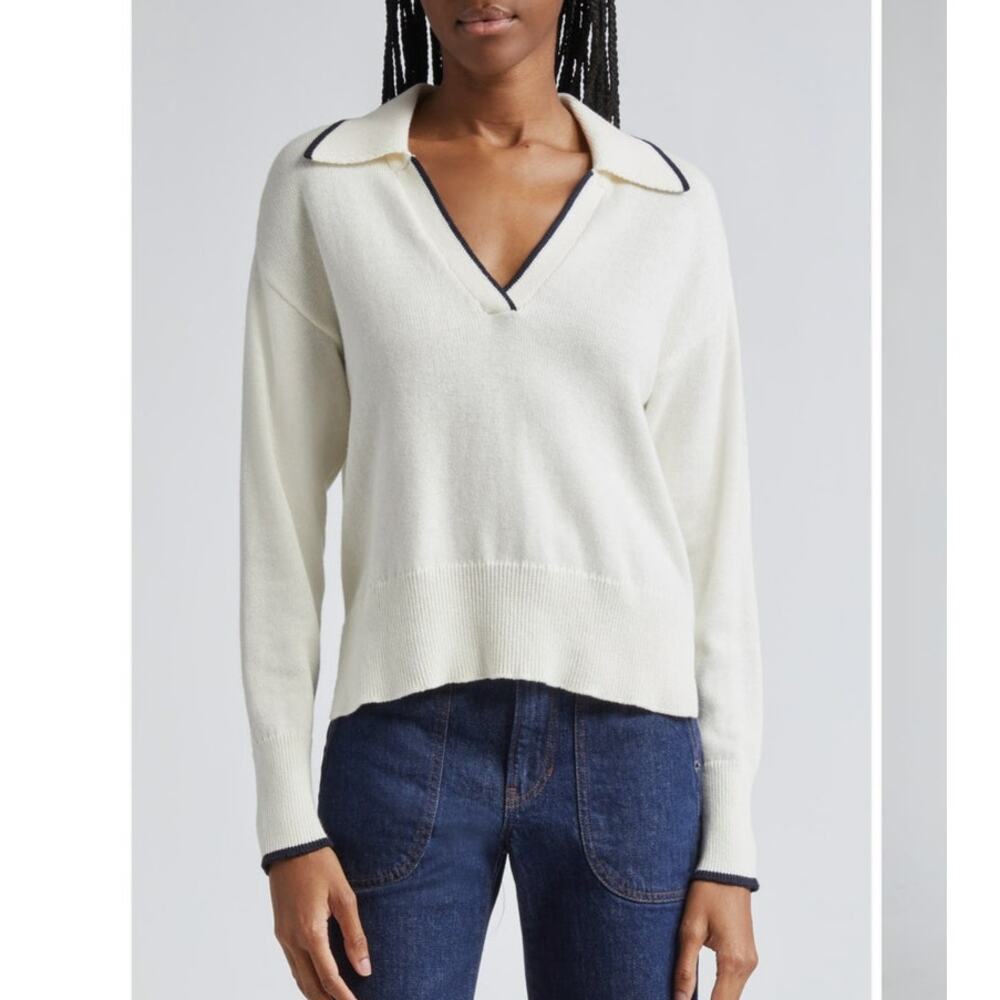 Veronica Beard KoKo Pullover Collared Sweater Beige with Black Trim Size Medium